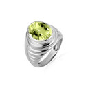 .925 Sterling Silver Oval Peridot Gemstone Ribbed Striped Men's Ring