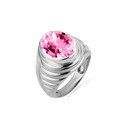 .925 Sterling Silver Oval Pink Gemstone Ribbed Striped Men's Ring