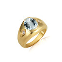 Yellow Gold Oval Aquamarine Gemstone CZ Men's Ring