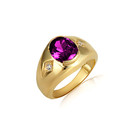 Yellow Gold Oval Amethyst Gemstone CZ Men's Ring