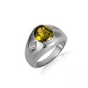 White Gold Oval Peridot Gemstone CZ Men's Ring