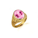 Yellow Gold Oval Pink CZ Gemstone Celtic Trinity Knot Beaded Men's Ring