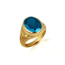 Yellow Gold Oval Blue Topaz Gemstone Celtic Trinity Knot Beaded Men's Ring