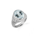 925 Sterling Silver Oval Aquamarine Gemstone Celtic Trinity Knot Beaded Men's Ring
