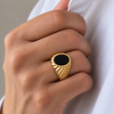 Yellow Gold Oval Black Onyx Gemstone Swirl Ribbed Men's Ring on male model