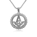 .925 Sterling Silver Freemason Square & Compass CZ Circle Pendant Necklace
