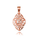 Rose Gold Two-Tone Quinceañera 15 Años Greek Key Oval Textured Pendant