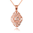 Two-Tone Quinceañera 15 Años Greek Key Oval Textured Pendant Necklace (Available in Yellow/Rose/White Gold)