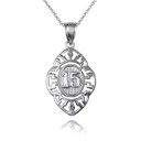 White Gold Quinceañera 15 Años Greek Key Oval Textured Pendant Necklace