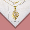 Two-Tone Quinceañera 15 Años Greek Key Oval Textured Pendant Necklace  with measurements