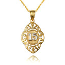 Two-Tone Quinceañera 15 Años Greek Key Oval Textured Pendant Necklace