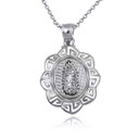 .925 Sterling Silver Our Lady of Guadalupe Greek Key Textured Pendant Necklace