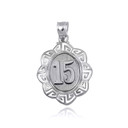 .925 Sterling Silver Quinceañera 15 Años Greek Key Textured Pendant Necklace