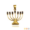 Gold Black Sapphire Jewish Menorah Hanukkah Candle Pendant