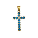 Gold Genuine Blue Topaz Gemstone and Diamond Cross Small Pendant