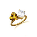 Gold Toi Et Moi Citrine Heart & Emerald Cut Gemstone Roped Twist Diamond Ring
