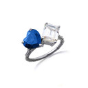 .925 Sterling Silver Toi Et Moi Heart & Emerald Cut Gemstone Roped Twist CZ Ring