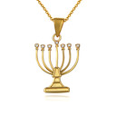 Yellow Gold Diamond Jewish Menorah Hanukkah Candle Pendant Necklace