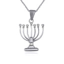 .925 Sterling Silver CZ Jewish Menorah Hanukkah Candle Pendant Necklace
