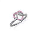 .925 Sterling Silver Heart Chevron Pink CZ Gemstone Band Ring