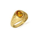 Gold Oval Citrine Gemstone Textured Our Lady Of Guadalupe Band Ring