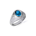 .925 Sterling Silver Oval Blue Topaz Gemstone Textured Our Lady Of Guadalupe Band Ring