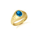 Gold Oval Blue Topaz Gemstone Textured Cross Band Ring