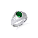 .925 Sterling Silver Oval Emerald Gemstone Textured Cross Band Ring