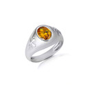 .925 Sterling Silver Oval Citrine Gemstone Textured Cross Band Ring