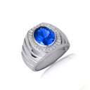 .925 Sterling Silver Oval Sapphire Gemstone Striped Statement Band Ring