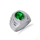 .925 Sterling Silver Oval Emerald Gemstone Striped Statement Band Ring