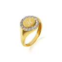 Gold Engravable Cubic Zirconia Halo Signet Ring (Available in Yellow/Rose/White Gold)