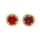 Yellow Gold Personalized Lab Created Ruby Birthstone Diamond Halo Stud Earrings