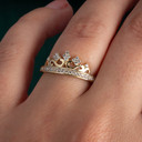 14K Yellow Gold CZ Crown Tiara Filigree Band Ring on female model