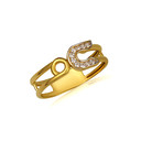 14K Yellow Gold CZ Studded Paperclip Safety Pin Band Ring
