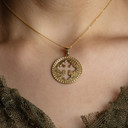 Yellow Gold Religious Cross Cutout Medallion Pendant Necklace