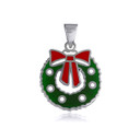 White Gold Christmas Holiday Wreath Enamel Pendant