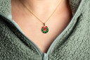 Yellow Gold Christmas Holiday Wreath Enamel Pendant Necklace on female model