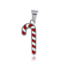 White Gold Christmas Holiday Candy Cane Enamel Pendant