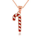 Rose Gold Christmas Holiday Candy Cane Enamel Pendant Necklace