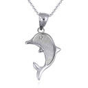 White Gold Textured Dolphin Ocean Pendant Necklace