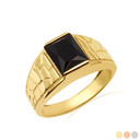 Yellow Gold Square Black Onyx Gemstone Nugget Band Ring
