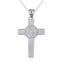 White Gold Saint Benedict Medal Cross Reversible Pendant Necklace