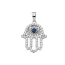 .925 Sterling Silver Studded Hamsa Hand Sapphire Evil Eye Filigree Pendant