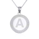 White Gold Letter A Initial Greek Key Medallion Pendant Necklace