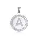 White Gold Letter A Initial Greek Key Medallion Pendant