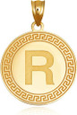 Gold Letter "A-Z" Initial Greek Key Medallion Pendant Necklace (Available in Yellow/Rose/White Gold)