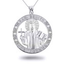 White Gold Religious Saint Benedict CZ Medallion Pendant Necklace