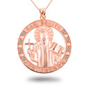 Rose Gold Religious Saint Benedict CZ Medallion Pendant Necklace