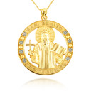Gold Religious Saint Benedict CZ Medallion Pendant Necklace